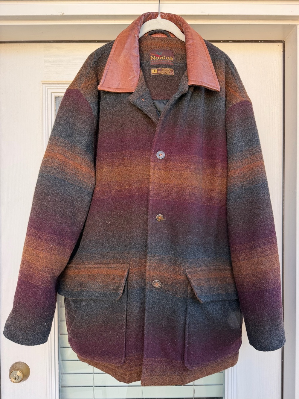 Vintage Men's Wool-Blend Striped Chore Coat with Leather Collar - Burgundy/Gray